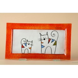 Patera Prostokątna Mała 15x27 -"Kolorowe koty w pomarańczowej ramce"